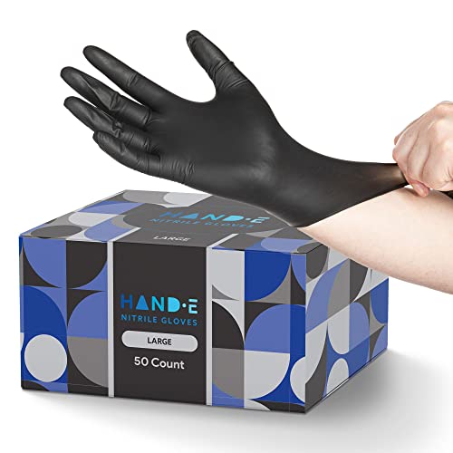 Hand-E Touch Black Nitrile Black Disposable Gloves Large, 200 Count - BBQ, Tattoo, Hair Dye, Cooking, Mechanic Gloves - Powder and Latex Free