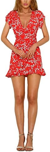 Vaniglia Women Floral Print Sleeve Sexy Deep V-Neck Tunic Top Casual Mini Dress