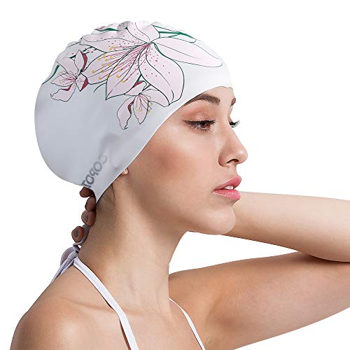 COPOZZ Adult Swimming Cap, Unisex Waterproof Swimming Cap for Men Women, Long Hair Silicone Swimming Cap for Men Women (Lily)