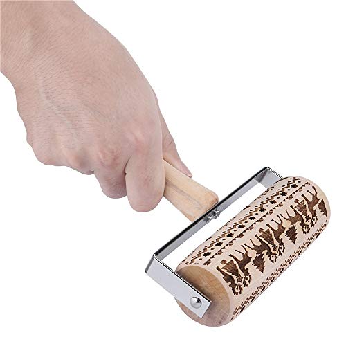 Christmas Wooden Rolling Pins Deeply Engraved Embossing Rolling Pin with Christmas Elk Pattern for Baking Christmas Themed Pastries & Cookies,Rolling Pin Kitchen Tool