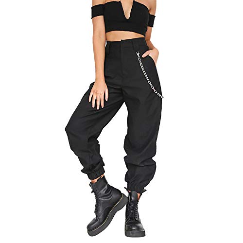 Harem Baggy Pants for Women,Teens Girls Casual Hip Hop Dance Jogging Sweat Pants Slacks Trousers with Pocket Chain (S, Black)