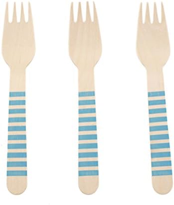 Kitchen Forks, Serving Utensils (Dark Blue Stripe Forks, Cutlery Sets for 12) - Baby Shower Party Supplies, Kitchen Accessories, Biodegradable Silverware, Wooden Cutlery