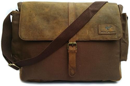 Laptop / Computer / Messenger / Tablet Bag with scratch protection lining for laptops or Macbooks up to 15.6". Leather + Charcoal Grey Canvas - Large size bag: 18" x 12" x 5"