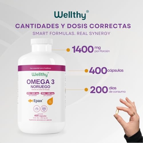 Wellthy Omega 3 Epax® 400 Cápsulas Ácidos Grasos 2000mg. Aceite de Pescado Noruego Ultraconcentrado. 30% EPA y 20% DHA La más alta concentración, Alta Pureza, Softgel