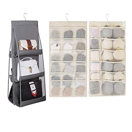 Hanging Closet Organizer, Dual-Sided 30 Pockets Wall Shelf Wardrobe Storage Bags for Underwear, Stocking, Bra and Sock, Mesh Pocket with Metal Hanger - Thumbnail 7