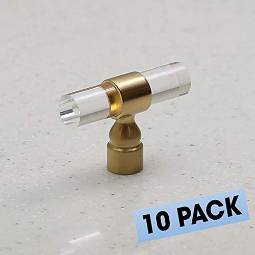 Lucite on Satin Gold -Knob 2.2" x 0.66" - Face - Modern Gold - Clear Acrylic Cabinet Handle Furniture Door (10 Pack)