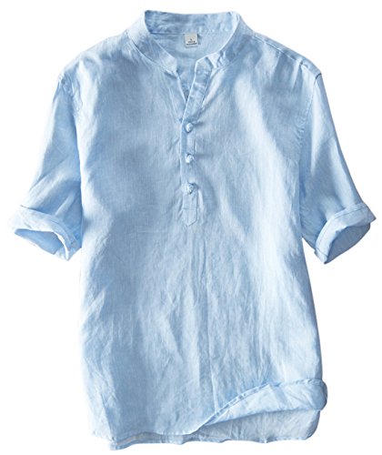 utcoco Men's Vintage Round Collar Chinese Style Henley Shirts Short Sleeve Tops (XX-Large, Blue)
