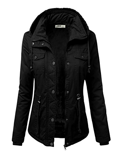 J.TOMSON Women's Military Style Detachable Hood Jacket with pockets and drawstring BLACK S