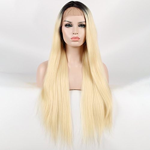 Destiny Love Long Black Roots Blonde Ombre Yaki Straight Hair Lace Front Wigs 2 Tones Color Synthetic Heat Resistant Fibre Hair Glueless Lace Wigs with Baby Hair for Women 24 Inches