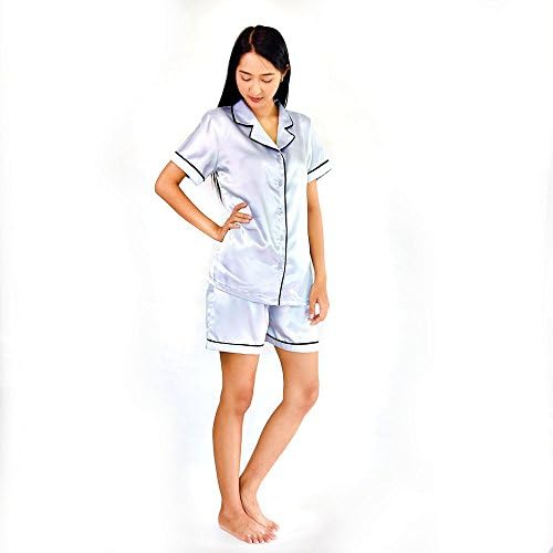 Tana Women's Satin Short Sleeve Pajama Shorts Set (X-Large Pajamas, Blue Gray)