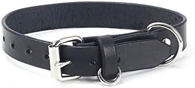 Bridle Leather Dog Collar by Rugged Material - Real Black Leather Collar with Leash Attachment and Dog Tag Ring - Medium (Black)