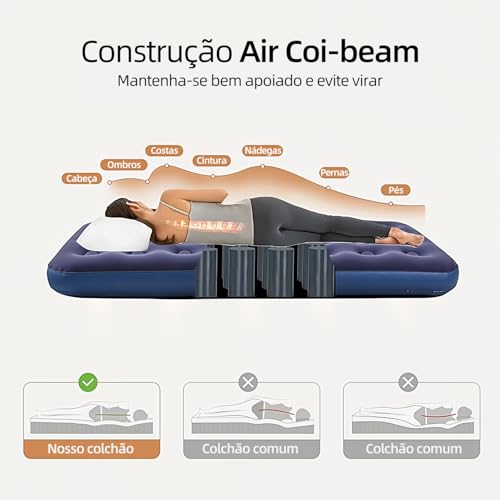 Colchão Inflável Solteiro Azul 186x96x22cm, Colchão de Ar em PVC com Revestimento de Flanela, Colchonete Inflável com Estrutura Honeycomb