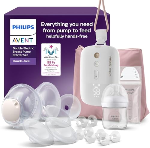 Philips AVENT Hands-Free-Milchpumpen-Starter-Set, Motor in Krankenhausqualität, spiegelt den Trinkrhythmus des Babys wider, bis zu 85 Pumpbewegungen pro Minute, Modell SCD553/11