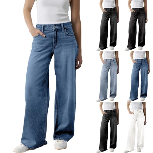 Jeans Trousers for Women UK - High Waisted Denim Trousers Straight Leg Jean Loose Casual Pant Wide Leg Jeans with Pockets Denim Soft Pants Work Office Jean Plus Size Xs-6Xl