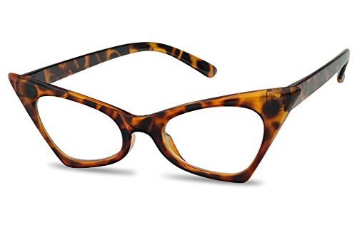1950's Retro Vintage High Pointed Colorful Clear Lens Geometric Cat Eye Glasses Non-Prescription (Tortoise, Clear)