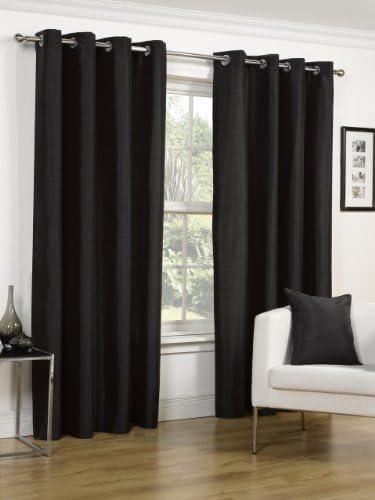 Faux Silk Slubbed Black Eyelet Fully Lined Readymade Curtain Pair 65x72in(165x182cm) Approximately By Hamilton McBride by Luxury Faux Silk