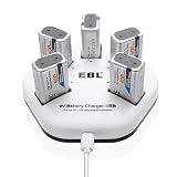EBL 9V Rechargeable Batteries Lithium ion 9V 600mAh Batteries 600mAh (5 Packs) with 5 Bay 9V Battery Charger 2A Input for Smoke Alarm Detectors