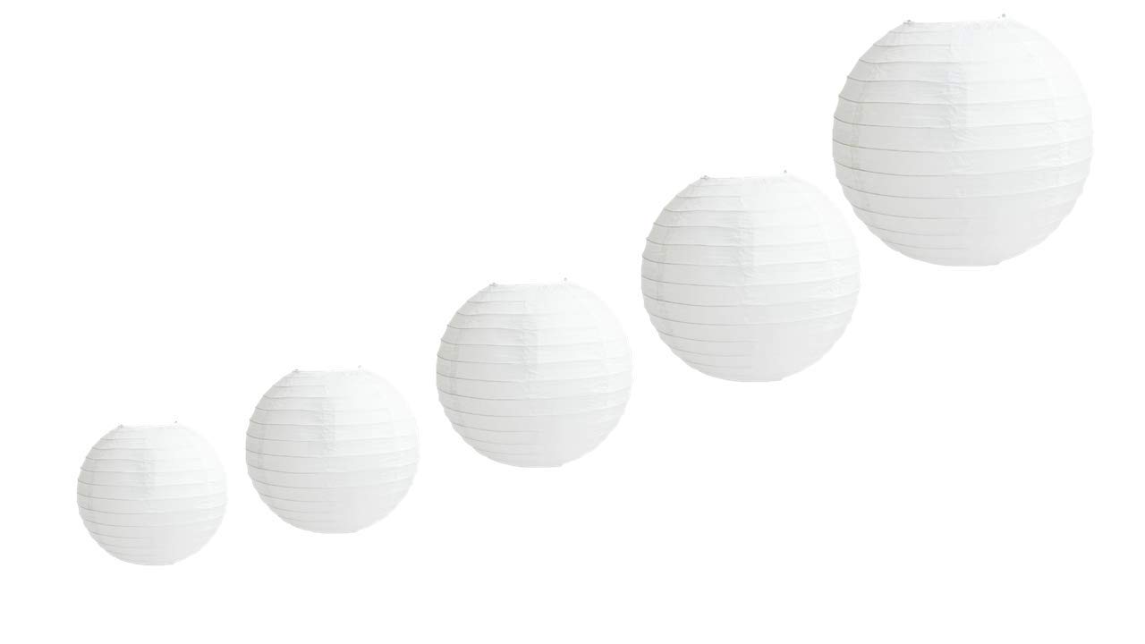 5 PCS Paper Lanterns, Round White Paper Lantern with Wire Ribbing, Different Sized White Lampshades, 4" 6" 8" 10" 12" Paper Lampshades for Weddings, Parties, Celebrations, Patios and Rooms
