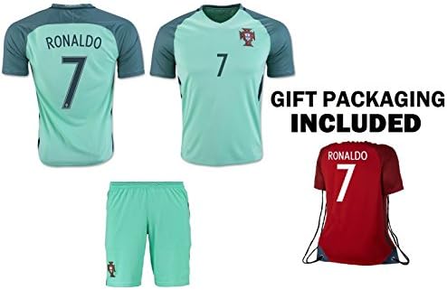 Ronaldo Jersey #7 Portugal Away Youth Soccer Jersey & Kids Shorts + Ronaldo #7 Drawstring Backpack Premium Football Gift for Boys Girls (YS 6-8 years, Jersey Kit Bag)