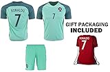Ronaldo Jersey #7 Portugal Away Youth Soccer Jersey & Kids Shorts + Ronaldo #7 Drawstring Backpack Premium Football Gift for Boys Girls