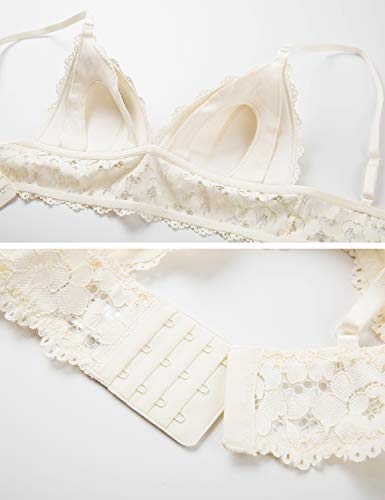 MOMANDA Women's Wire Free Lightly Lined Maternity Nursing Lace Bra Bralette Ivory 34D - Thumbnail 4