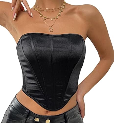 Women Strapless Bustier Push Up Sexy Corset Crop Top Satin Solid Bandeau  Tube Tops Clubwear(Sexy Black,Medium) in Oman Whizz