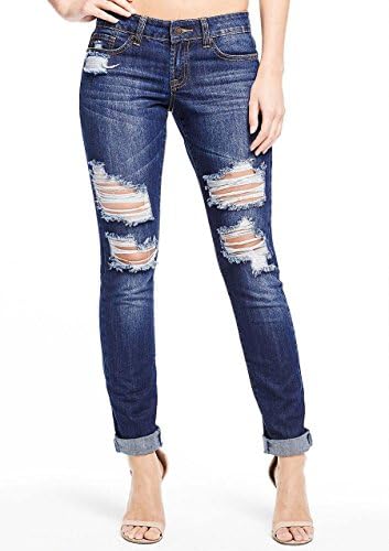 Alloy Apparel Women's Jessica Destructed Relaxed Skinny Jean 11 35 Dest Dark Blue