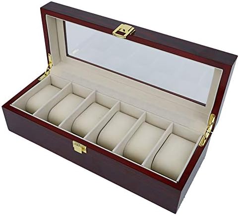 MA00 6-Slot Watch Box Wooden Jewelry Watch Display Showcase Storage Box Case Organizer with Glass Lid and Cushions-Red