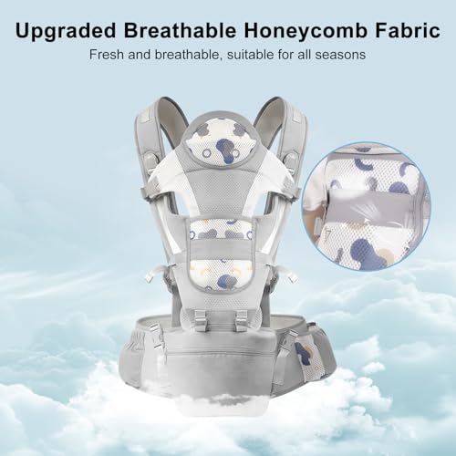STANEW Baby Carrier Hip Seat & Head Hood, Breathable Detachable Infant Carrier, Adjustable Shoulder Straps, Waist Size up to 120cm for 0-48 Months Baby, Max Load 25kg