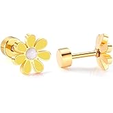 18G Cute Daisy Flower Flat Screw Back Tiny Stud Earrings for Stainless Steel Gold Plated Women Ladies Dainty Enamel Floral Studs Sleeper Tragus Post Hypoallergenic Piercing Fashion Jewelry