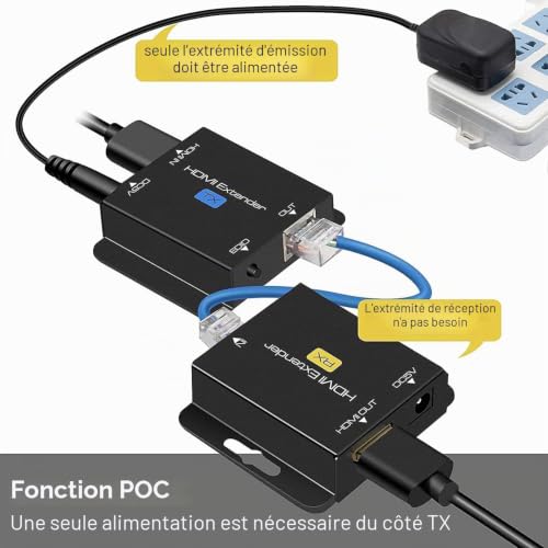 KUYIA HDMI over Ethernet Extension Cable with POC (TX Power Only Required) 1080P@60Hz HDMI to RJ45 Converter Supports EDID for Cat5e/Cat6/Cat7 with 5V Power Supply