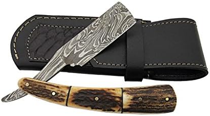 Stag handle /100% Handmade custom Damascus steel straight razor/shaving razor/special handle and leather sheath 07101