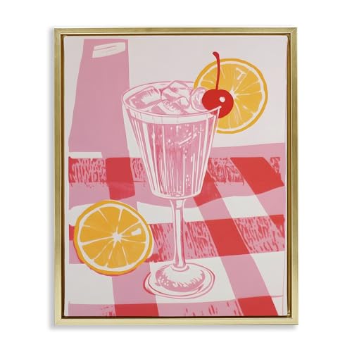 Stupell Industries Pink Lemonade on Tablecloth Gold Framed Floater Canvas Wall…