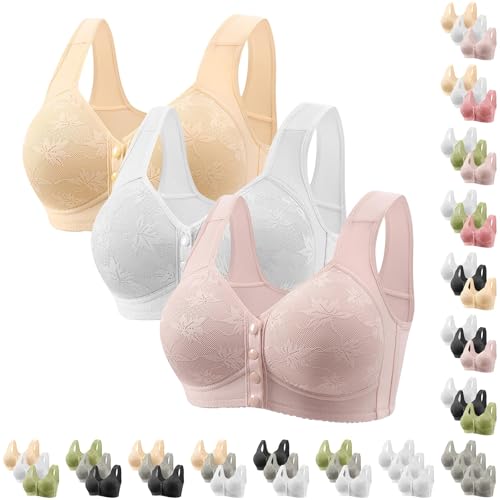 3 Pack Bras for Women Front Close Button Bras Wireless Push Up Wide Straps Breathable Bra No Underwire Sleepbras Front Fastening Bra Full Coverage Lace Bralettes Ladies Comfy Lingerie Underwear