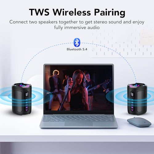 aowoka Portable Wireless Bluetooth Speaker with LED Light, Smart Digital Screen+Smart EQ, Bluetooth 5.4, Powerful Bass, IPX7 Waterproof, Speaker for Travel/Sport/Party/Bike