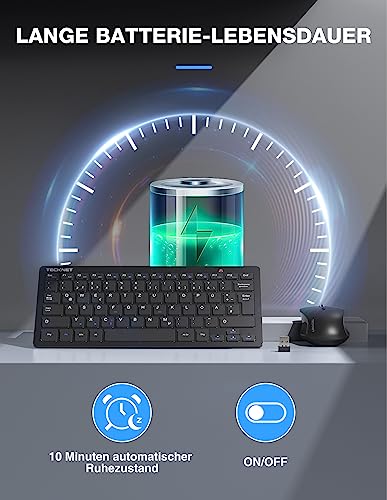 TECKNET Wireless Keyboard Mouse Set, German QWERTZ Layout, 2.4 GHz Wireless Mini Keyboard Mouse, 15 m Range Connection, Wireless Quiet Wireless Keyboard with Mouse for PC, Laptop, Smart TV, Black