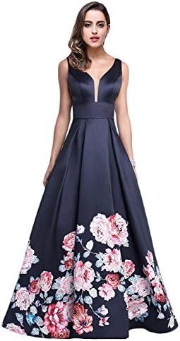 Vanial Women's V Neck Floral Print Prom dresses Long Evening Gowns NAVY Size 14