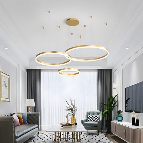 WayLuoung Metal LED Chandelier | 3 Circles 20+40+60cm | 45W Hanging Ceiling Light With Rings, Dimmable Remote Control 3000-6000K, Acrylic Lampshade Living Room Bedroom Foyer Dining Room【Gold】