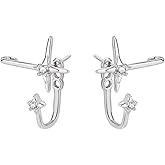 Stud Jacket Earrings 925 Sterling Silver Four-Pointed Star Front Back Ear Cuffs Stud Earring for Women