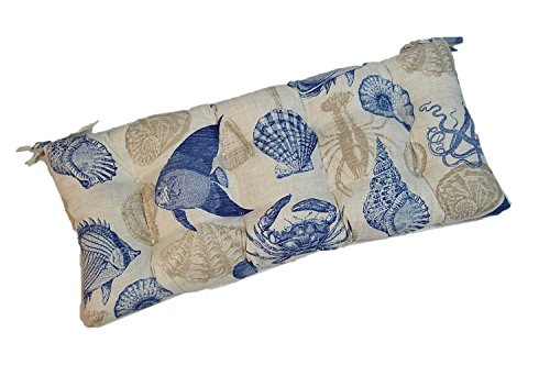 Resort Spa Home Decor Blue, Tan, Ivory Nautical Ocean Life - Fish, Crab, Seashell Indoor/Outdoor Tufted Cushion with Ties for Bench, Swing, Glider - Choose Size (39" x 17 1/2")
