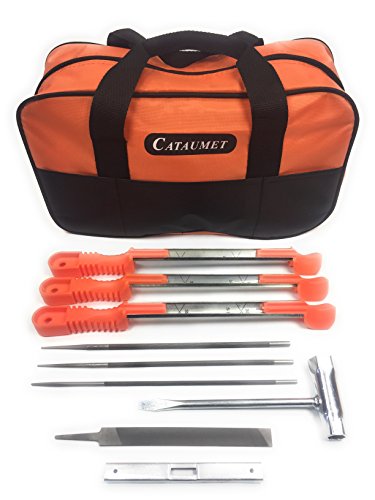 Cataumet Chainsaw Sharpening File Kit - Includes 5/32, 3/16, 7/32 Inch Round Files, Flat File, Depth Gauge, Chain Saw Wrench, No-Slip Sharpening Handle Guides, Large Field Bag