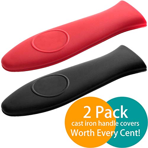 Cast Iron Handle Cover, 2 Pack 5.8 Inches Long Hot Handle Holder Covers Heat-Resistant for Cast Iron Skillets 10.5 inches and up, such as L8SK3, L10SK3, L8GP3, L8SGP3, LCC3, L9OG3 (Black, Red) - Thumbnail 5