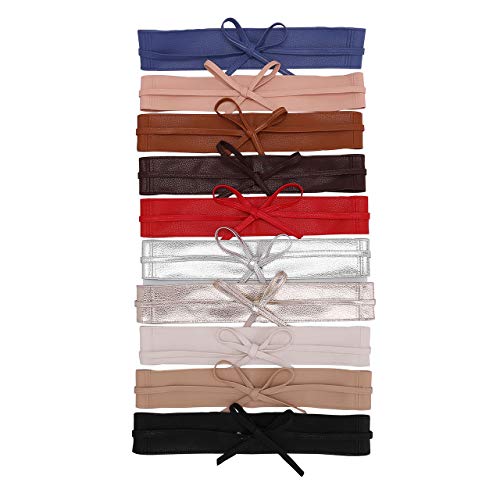 CHIC DIARY Fashion Women Faux Leather Bow Tie Waistband Elastic Stretch Waist Strap Cummerbund for Dress (#b-2pcs(black+coffee))