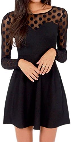 Sexy Stitching Polka Dot Mesh Patchwork Keyhole Little A-Line Dress Black L