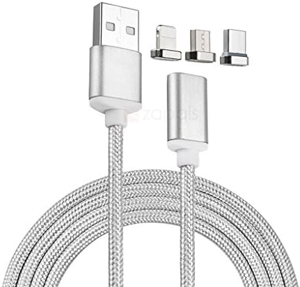 3 in 1 Magnetic USB Data and Charging Cable 2A (Type-C, Micro usb, Lightning) - For Android &amp; iOS devices - High Speed Nylon Charging Cable (Silver)