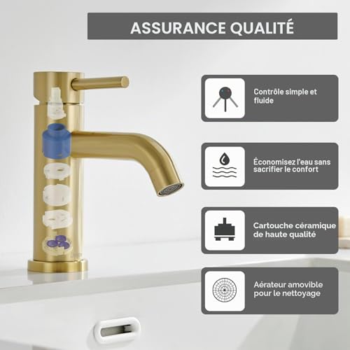 DETBOM Gold Basin Mixer Tap, Adjustable Hot and Cold Washbasin Tap, Stainless Steel, Removable Aerator, Lead Free, Brushed Gold