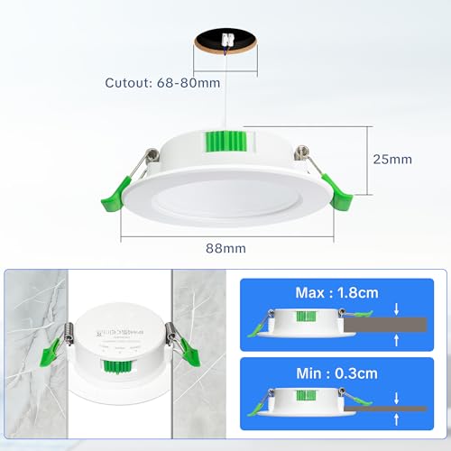 Laiebri Recessed LED Spotlight 230 V Dimmable Set of 6, 5W 650lm Ultra Flat 23 mm, 3 CCT Colour 2700K/4000K/6000K, IP44 Splatter Resistant, Hole Ø68-75 mm, for Bathroom Living Room, White