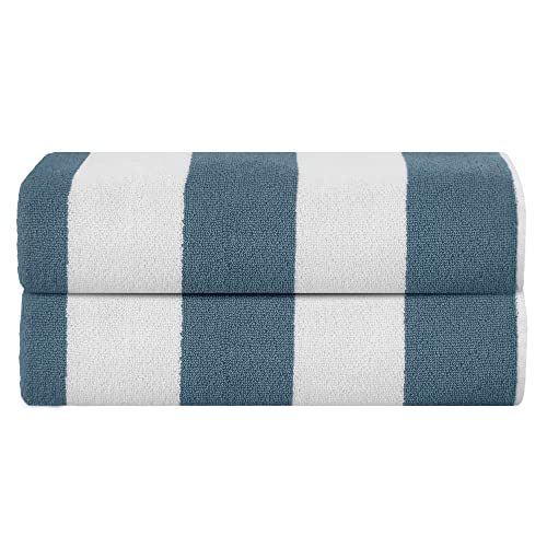 SweetNeedle Beach Towels for Adults Pack of 2 - Sea Glass Green Cabana Striped Classic - 100% Cotton Terry Ringspun Pool Towel, Quick Dry, Super Absorbent Swimming large towel, 76 x 152 cm