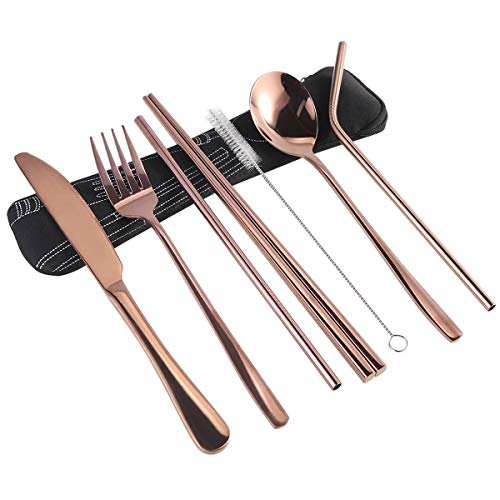 7 Pieces Portable Flatware Set, Healthy Stainless Steel Cutlery Set Silverware Set Travel Utensils Set with Fork Spoon Chopsticks Straws for Travel Camping Office School - Dishwasher Safe&Eco-Friendly - Thumbnail 7