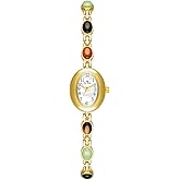 MASTOP Luxury Vintage Gold Watches for Women with Jade Colorful Crystal Small Oval Dainty Silver Watch Ladies Bracelet Dress Quartz Wrist Watch Waterproof Bangle